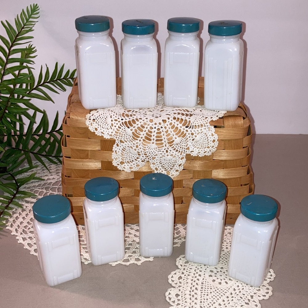 Vintage Art Deco Milk Glass Spice Jars Set Original Blue Lids